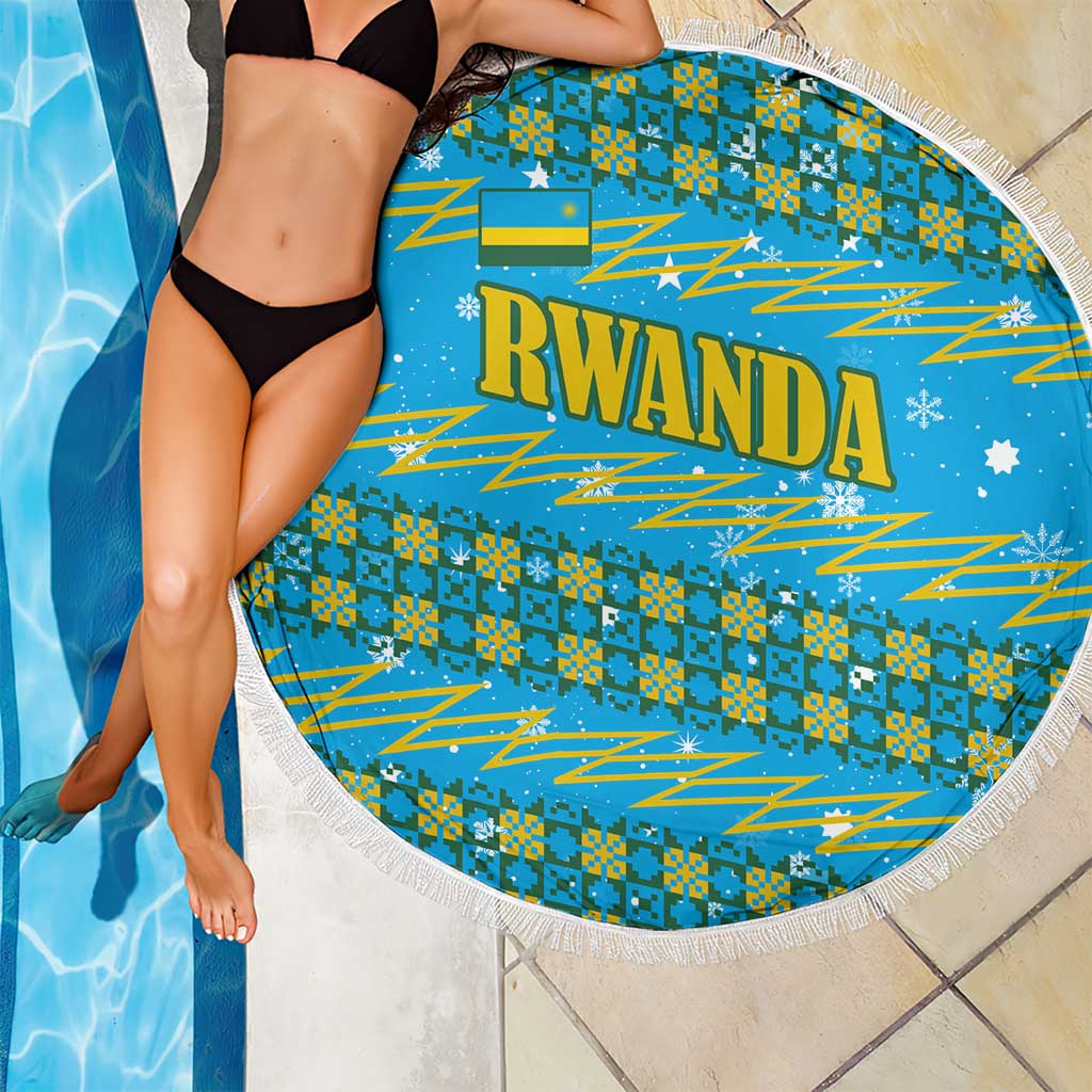 Rwanda Christmas Beach Blanket with Blue-Yellow Pattern, Festive Geometric Motifs, and Bold Typography - Wonder Print Shop