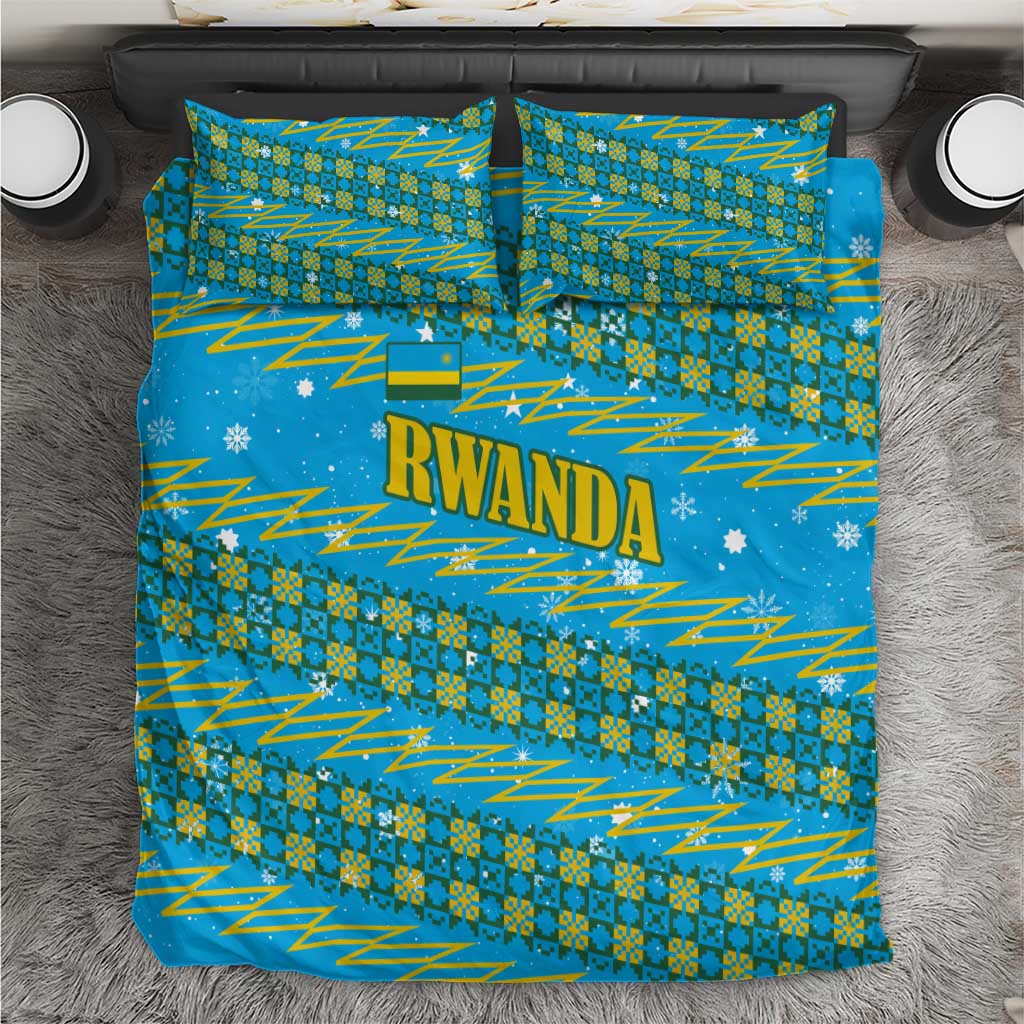 Rwanda Christmas Bedding Set with Blue-Yellow Pattern, Festive Geometric Motifs, and Bold Typography - Wonder Print Shop