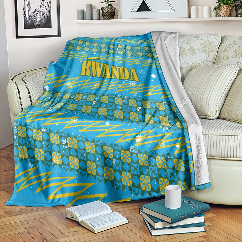 Rwanda Christmas Blanket with Blue-Yellow Pattern, Festive Geometric Motifs, and Bold Typography - Wonder Print Shop
