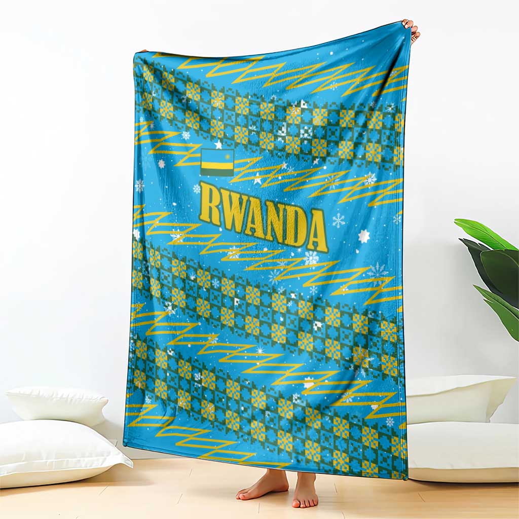 Rwanda Christmas Blanket with Blue-Yellow Pattern, Festive Geometric Motifs, and Bold Typography - Wonder Print Shop