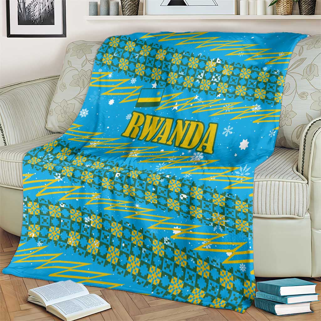 Rwanda Christmas Blanket with Blue-Yellow Pattern, Festive Geometric Motifs, and Bold Typography - Wonder Print Shop