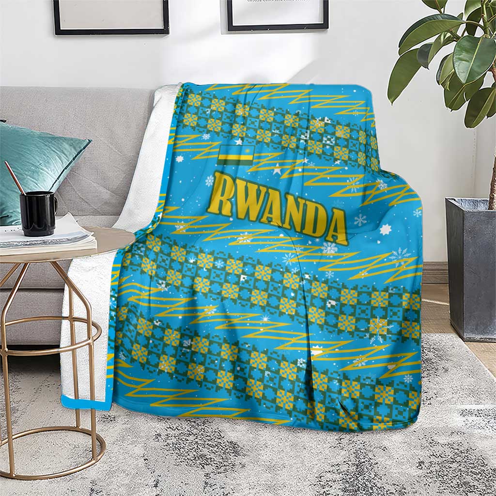 Rwanda Christmas Blanket with Blue-Yellow Pattern, Festive Geometric Motifs, and Bold Typography - Wonder Print Shop