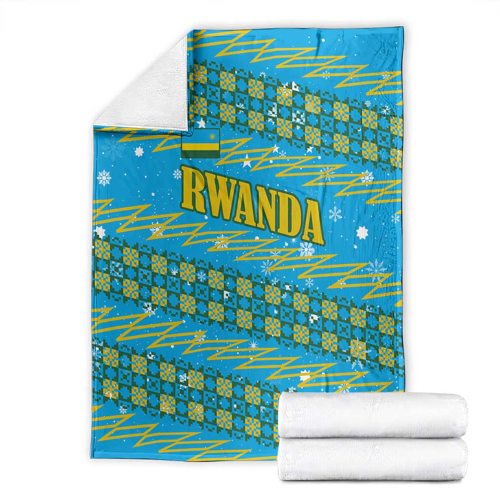 Rwanda Christmas Blanket with Blue-Yellow Pattern, Festive Geometric Motifs, and Bold Typography - Wonder Print Shop