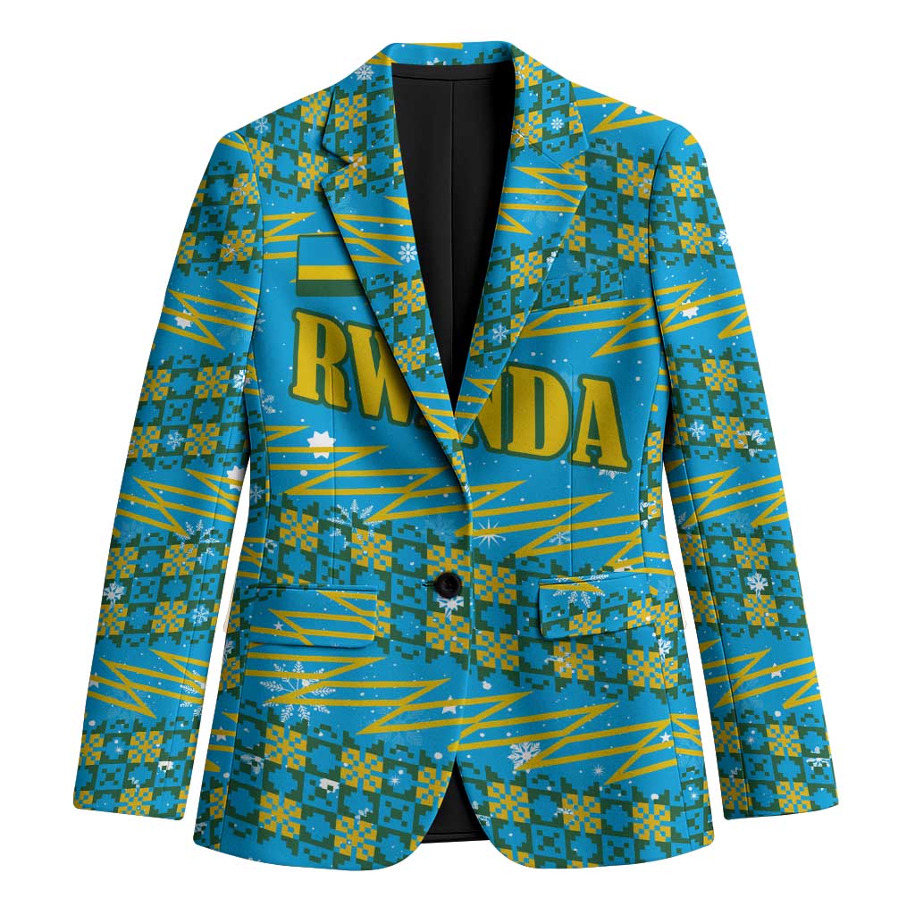 Rwanda Christmas Blazer with Blue-Yellow Pattern, Festive Geometric Motifs, and Bold Typography - Wonder Print Shop