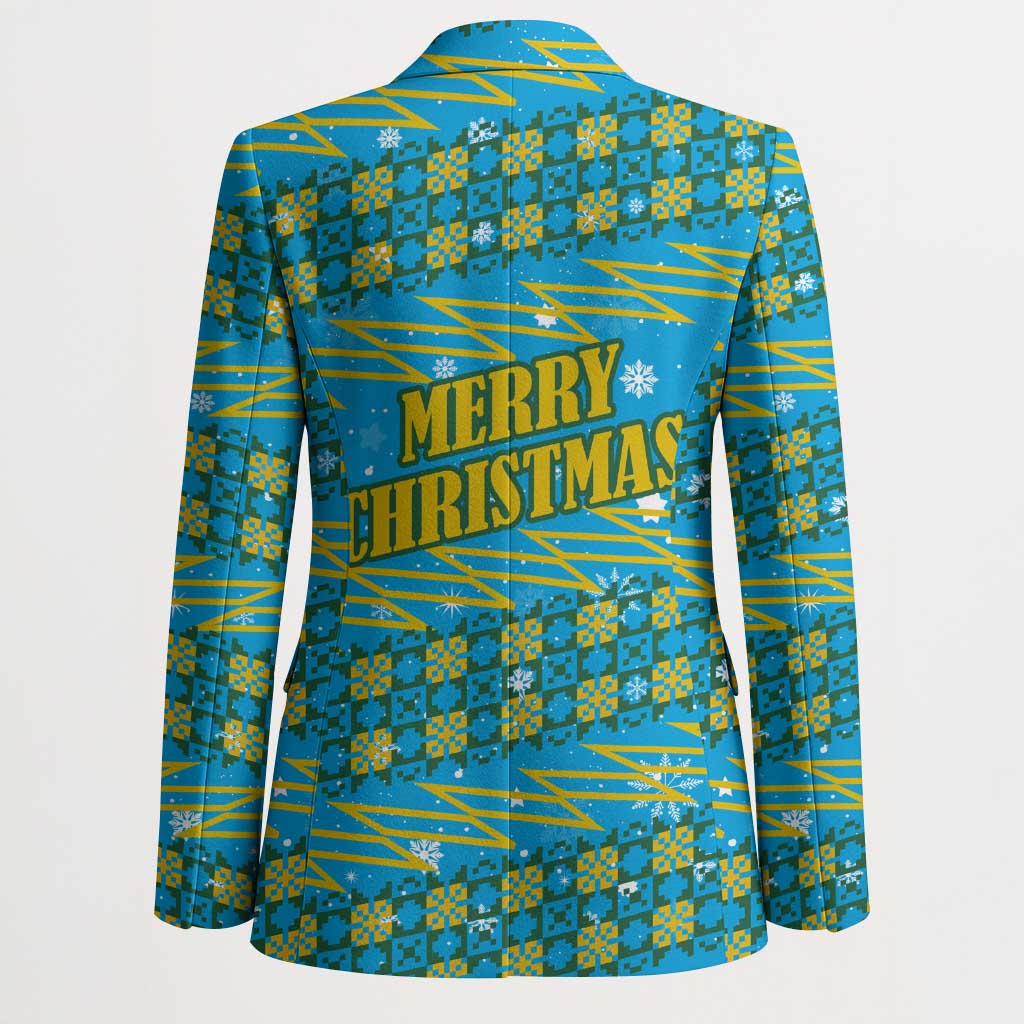 Rwanda Christmas Blazer with Blue-Yellow Pattern, Festive Geometric Motifs, and Bold Typography - Wonder Print Shop