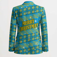 Rwanda Christmas Blazer with Blue-Yellow Pattern, Festive Geometric Motifs, and Bold Typography - Wonder Print Shop