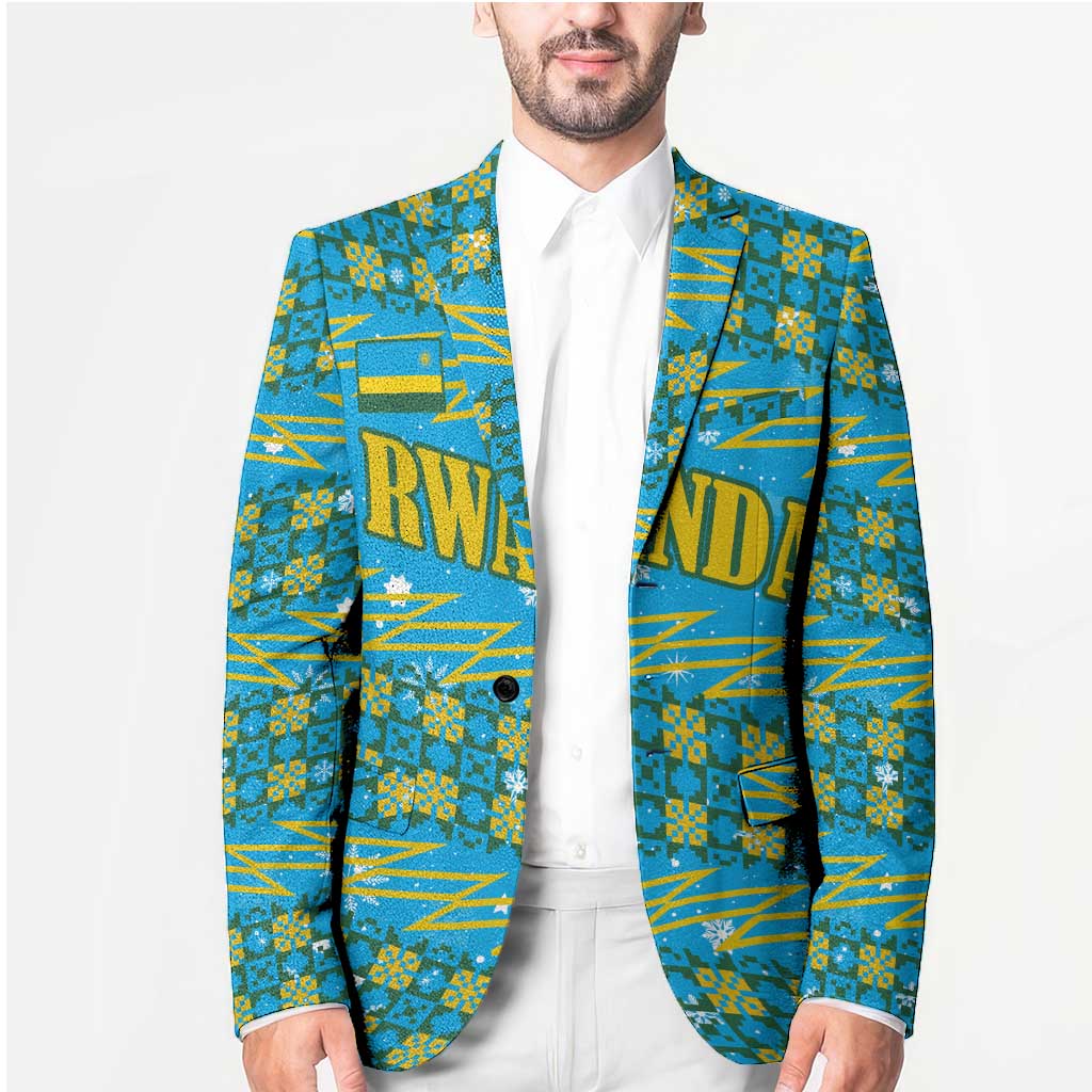 Rwanda Christmas Blazer with Blue-Yellow Pattern, Festive Geometric Motifs, and Bold Typography - Wonder Print Shop