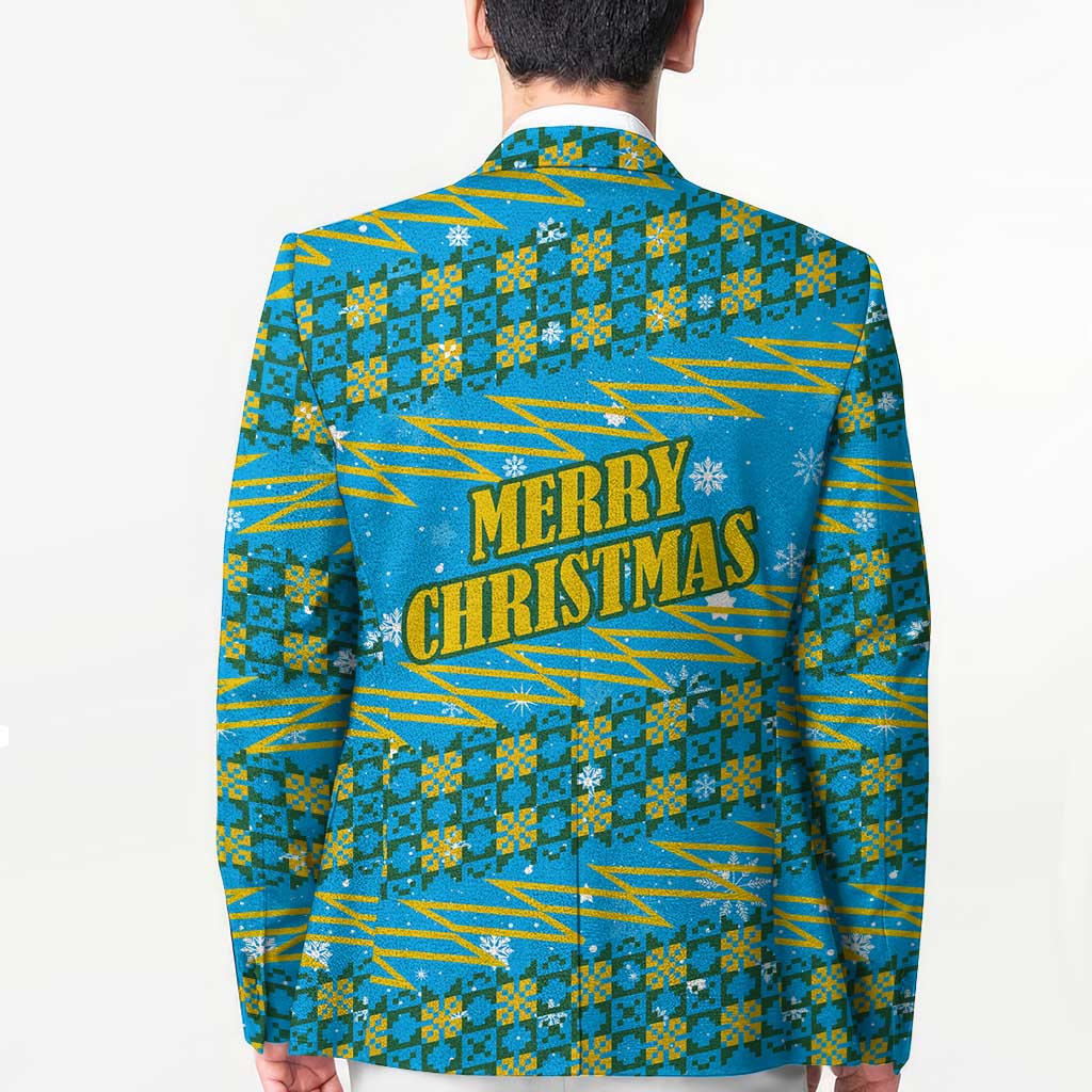 Rwanda Christmas Blazer with Blue-Yellow Pattern, Festive Geometric Motifs, and Bold Typography - Wonder Print Shop