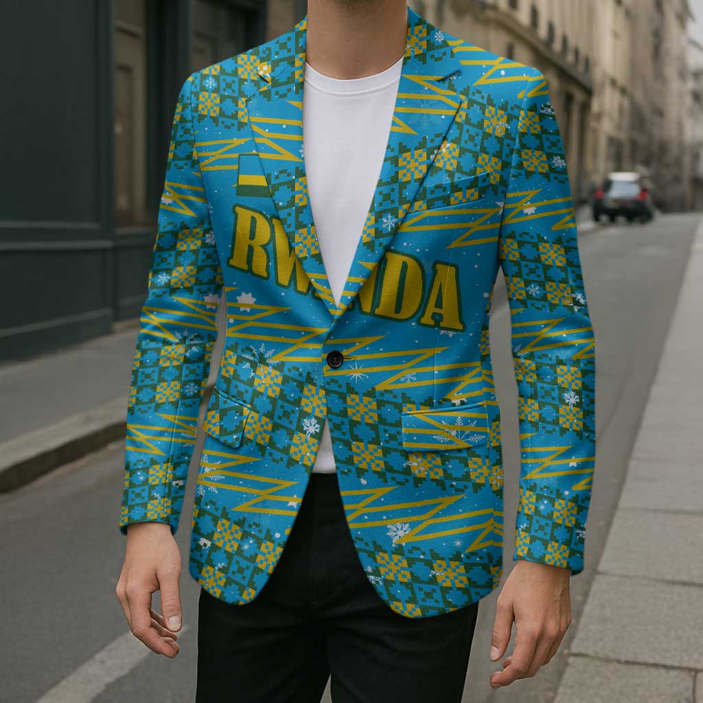 Rwanda Christmas Blazer with Blue-Yellow Pattern, Festive Geometric Motifs, and Bold Typography - Wonder Print Shop