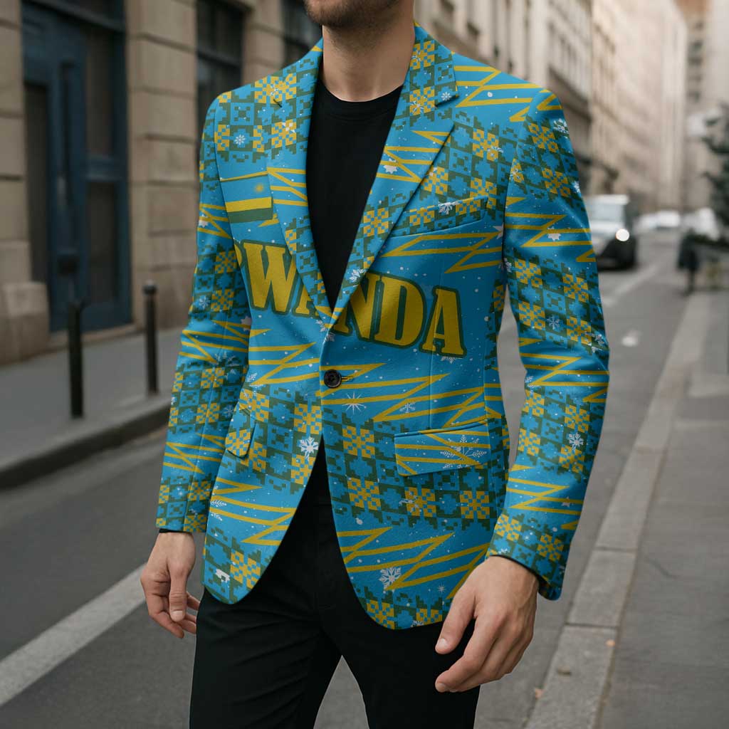 Rwanda Christmas Blazer with Blue-Yellow Pattern, Festive Geometric Motifs, and Bold Typography - Wonder Print Shop