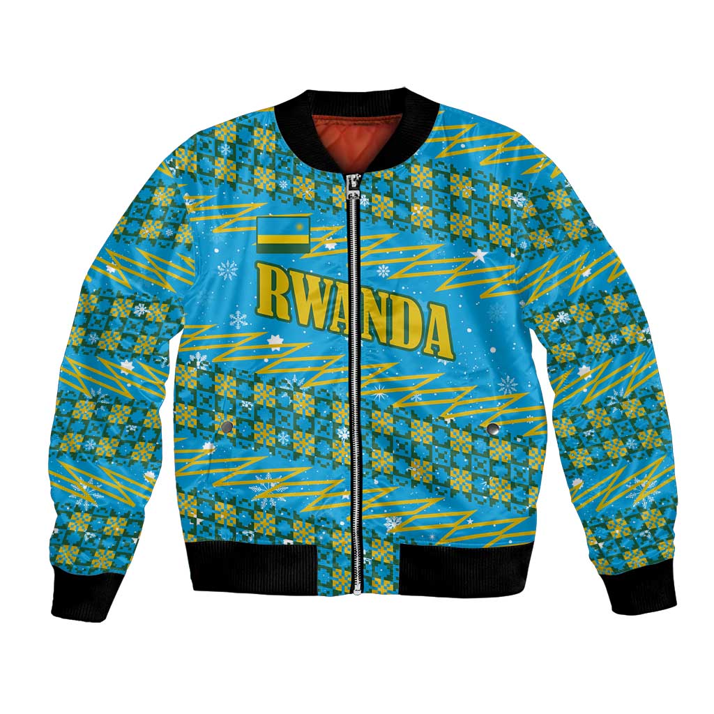 Rwanda Christmas Bomber Jacket with Blue-Yellow Pattern, Festive Geometric Motifs, and Bold Typography - Wonder Print Shop