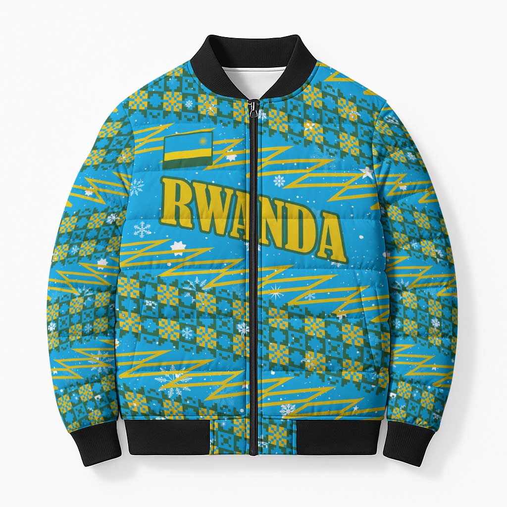 Rwanda Christmas Bomber Puffer Jacket with Blue-Yellow Pattern, Festive Geometric Motifs, and Bold Typography - Wonder Print Shop