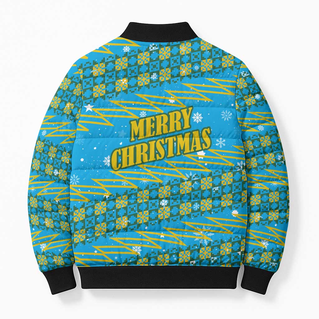 Rwanda Christmas Bomber Puffer Jacket with Blue-Yellow Pattern, Festive Geometric Motifs, and Bold Typography - Wonder Print Shop