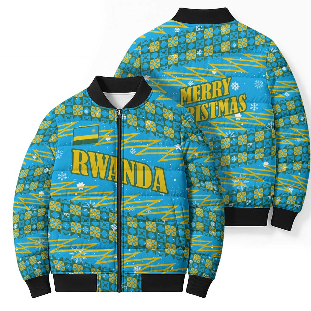 Rwanda Christmas Bomber Puffer Jacket with Blue-Yellow Pattern, Festive Geometric Motifs, and Bold Typography - Wonder Print Shop