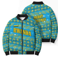 Rwanda Christmas Bomber Puffer Jacket with Blue-Yellow Pattern, Festive Geometric Motifs, and Bold Typography - Wonder Print Shop