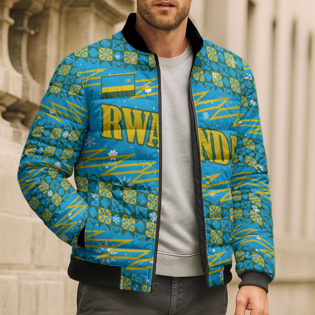 Rwanda Christmas Bomber Puffer Jacket with Blue-Yellow Pattern, Festive Geometric Motifs, and Bold Typography - Wonder Print Shop