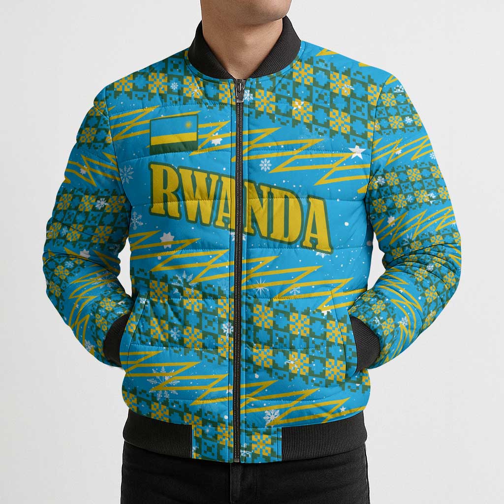 Rwanda Christmas Bomber Puffer Jacket with Blue-Yellow Pattern, Festive Geometric Motifs, and Bold Typography - Wonder Print Shop