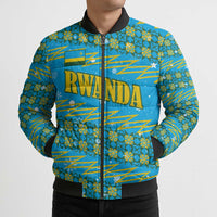 Rwanda Christmas Bomber Puffer Jacket with Blue-Yellow Pattern, Festive Geometric Motifs, and Bold Typography - Wonder Print Shop