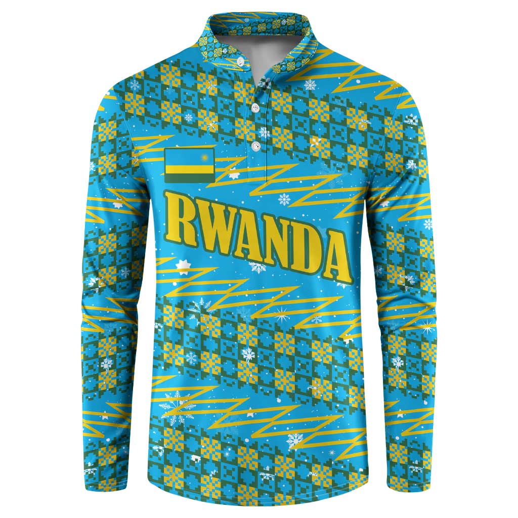 Rwanda Christmas Button Sweatshirt with Blue-Yellow Pattern, Festive Geometric Motifs, and Bold Typography - Wonder Print Shop