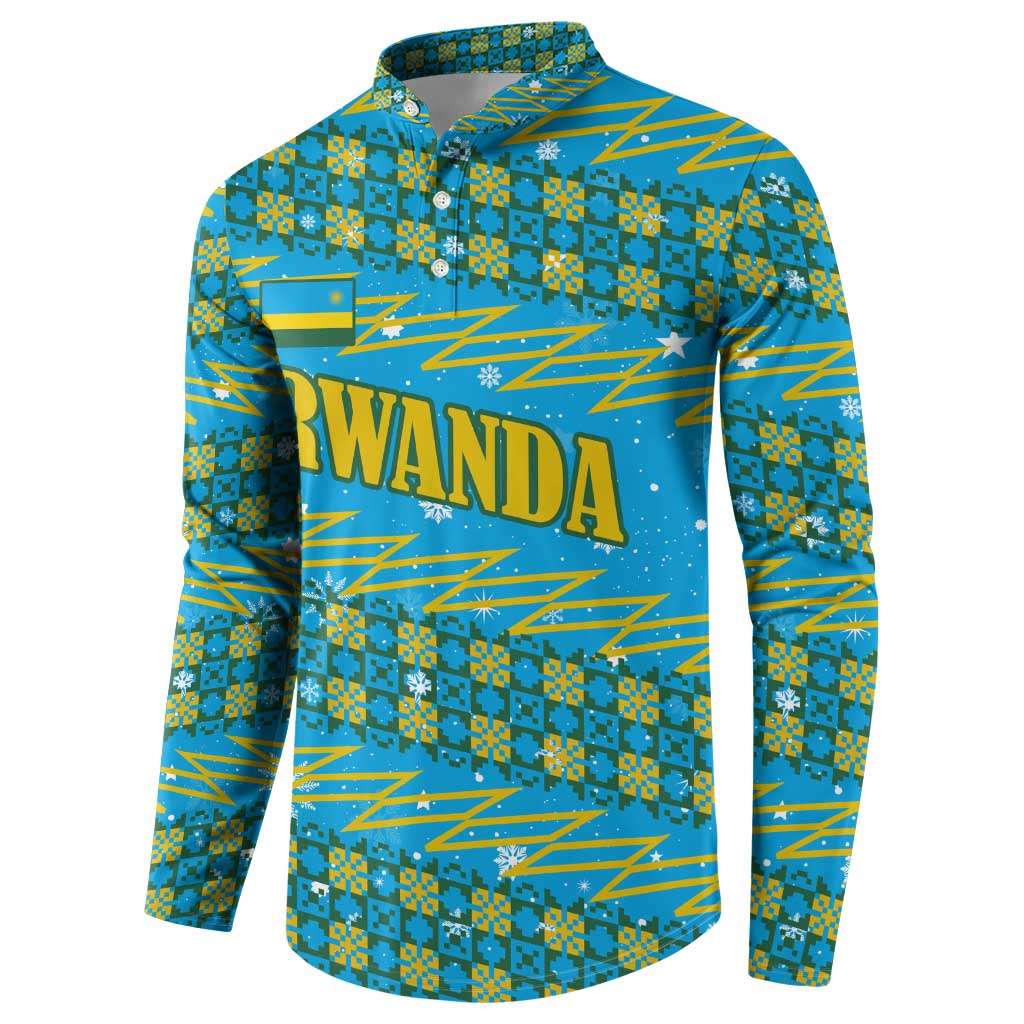 Rwanda Christmas Button Sweatshirt with Blue-Yellow Pattern, Festive Geometric Motifs, and Bold Typography - Wonder Print Shop