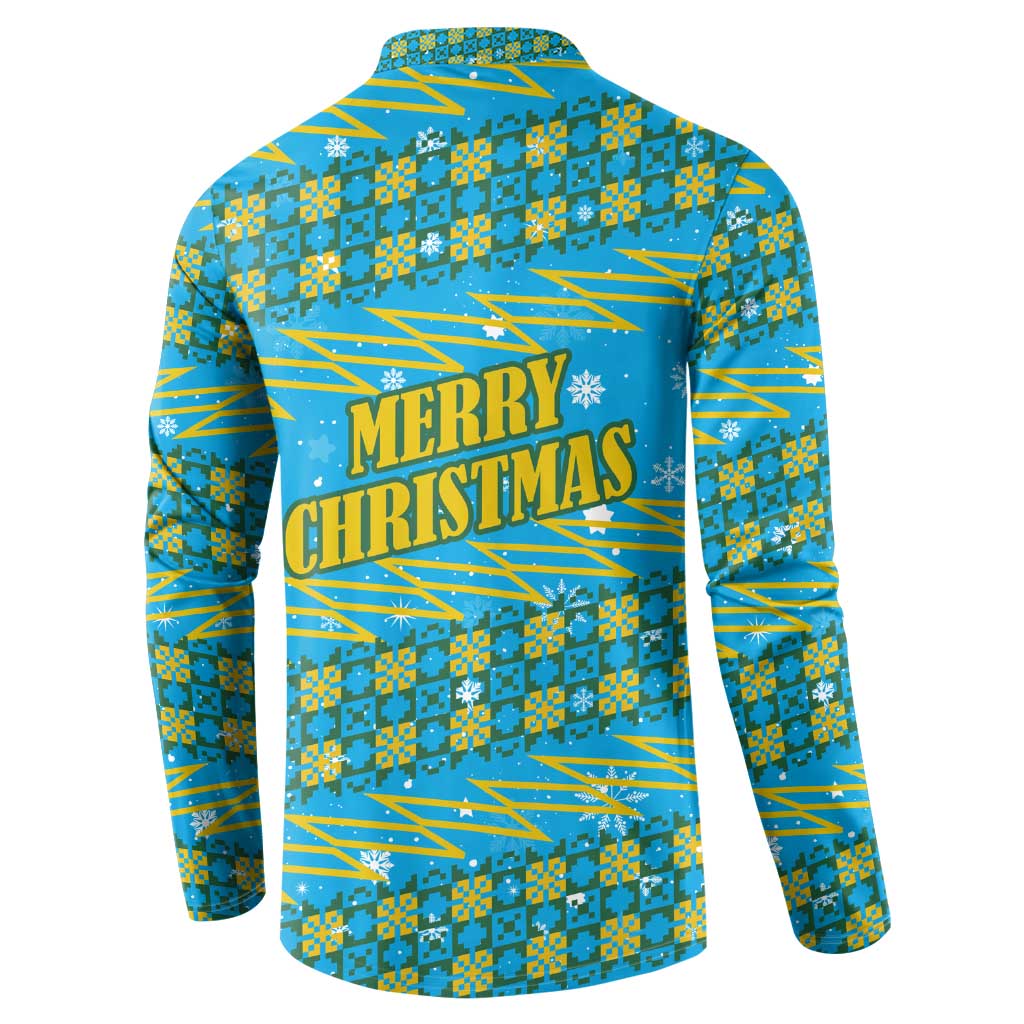 Rwanda Christmas Button Sweatshirt with Blue-Yellow Pattern, Festive Geometric Motifs, and Bold Typography - Wonder Print Shop