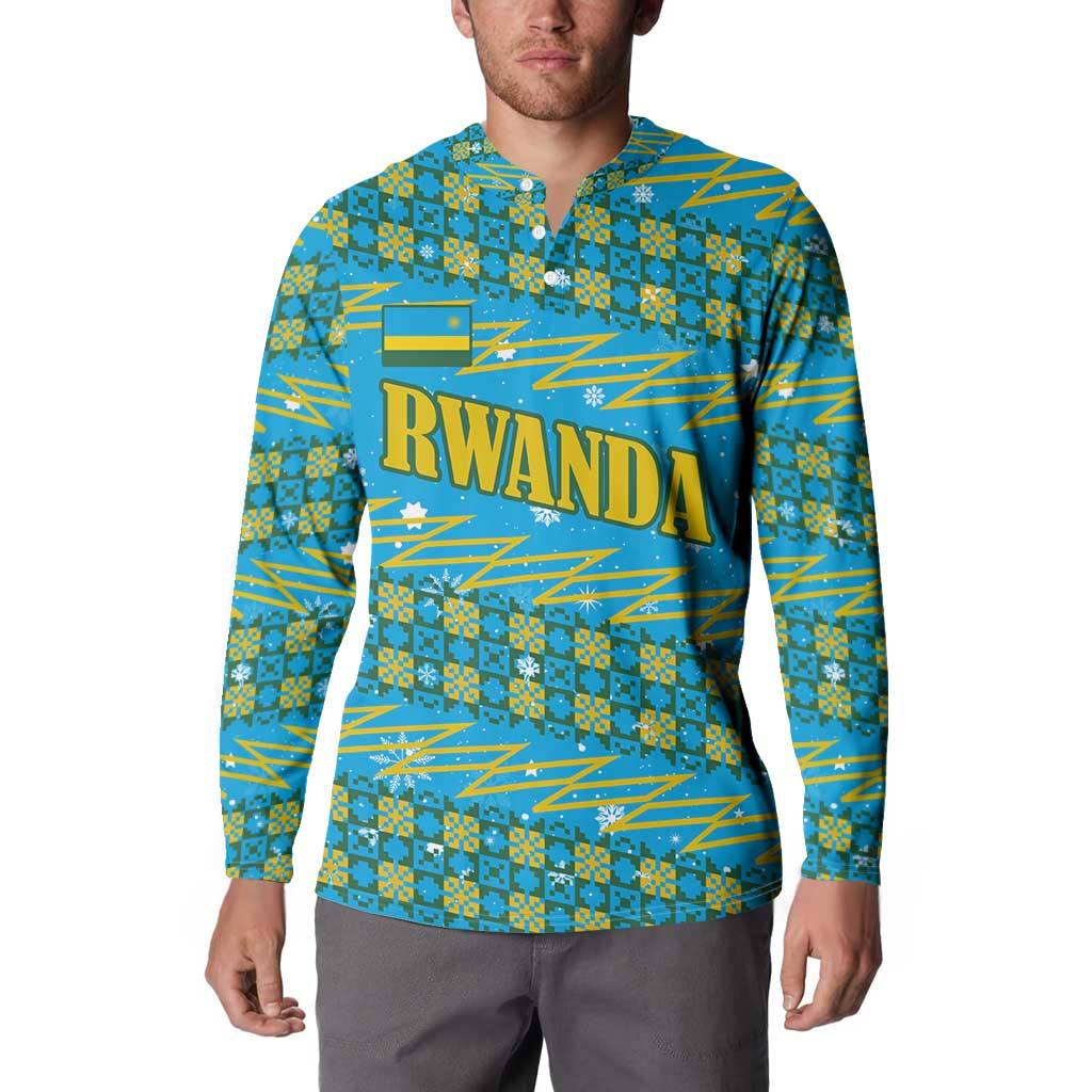 Rwanda Christmas Button Sweatshirt with Blue-Yellow Pattern, Festive Geometric Motifs, and Bold Typography - Wonder Print Shop