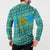 Rwanda Christmas Button Sweatshirt with Blue-Yellow Pattern, Festive Geometric Motifs, and Bold Typography - Wonder Print Shop