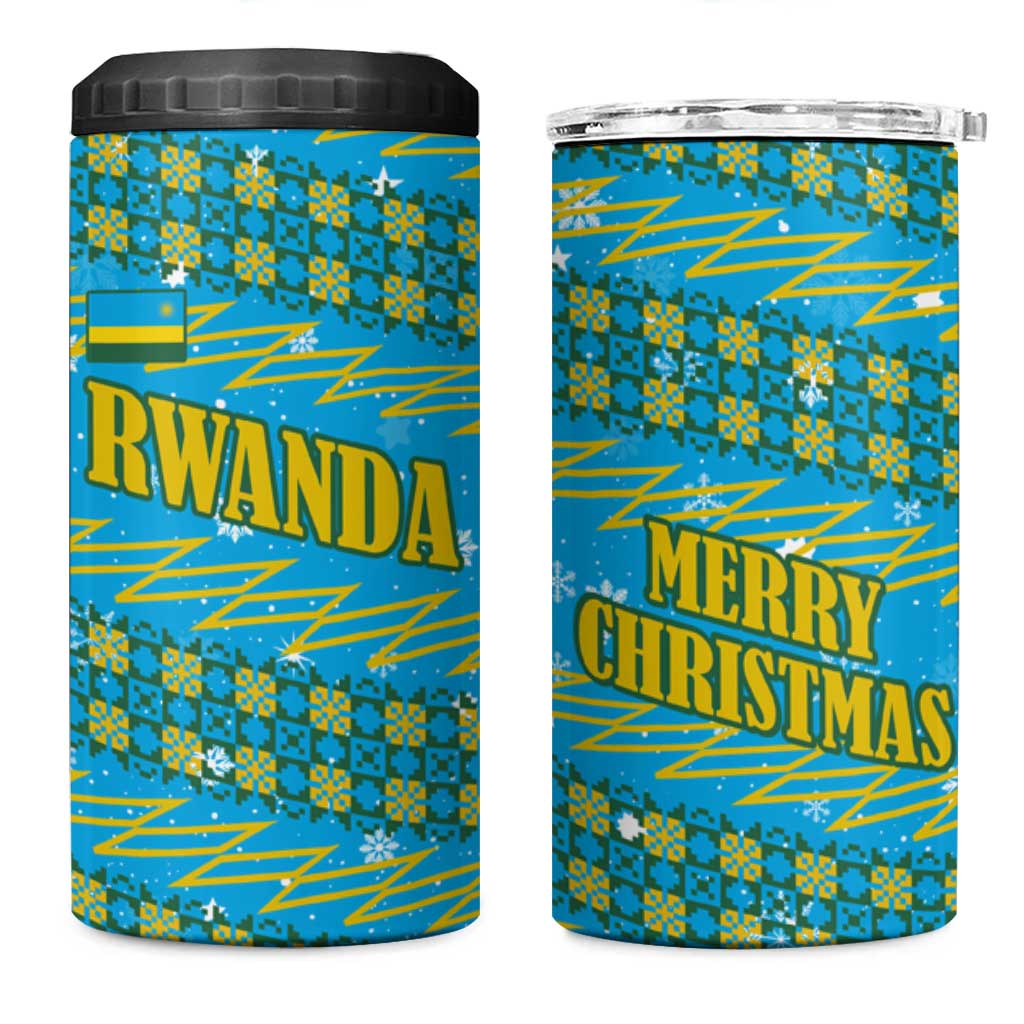 Rwanda Christmas 4 in 1 Can Cooler Tumbler with Blue-Yellow Pattern, Festive Geometric Motifs, and Bold Typography - Wonder Print Shop