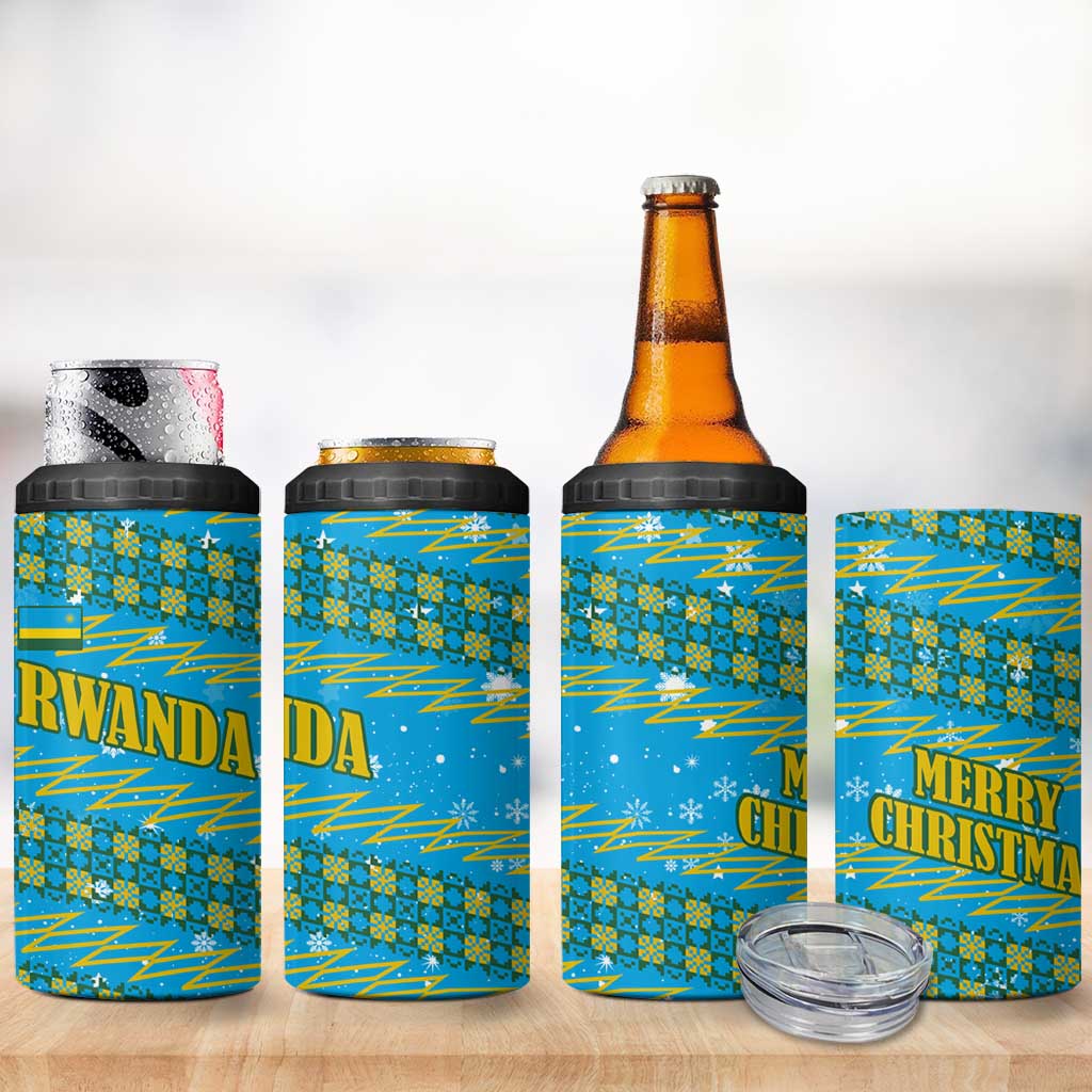 Rwanda Christmas 4 in 1 Can Cooler Tumbler with Blue-Yellow Pattern, Festive Geometric Motifs, and Bold Typography - Wonder Print Shop