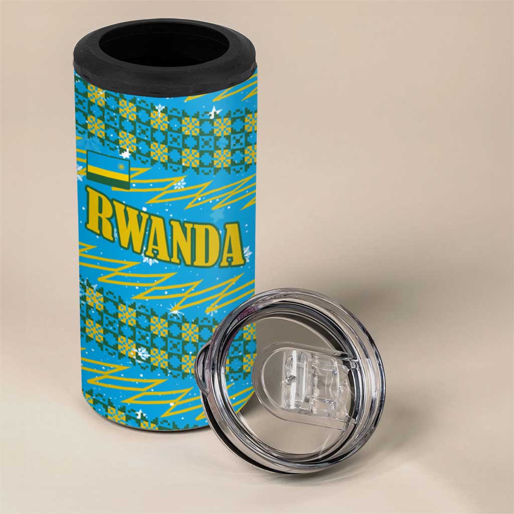 Rwanda Christmas 4 in 1 Can Cooler Tumbler with Blue-Yellow Pattern, Festive Geometric Motifs, and Bold Typography - Wonder Print Shop