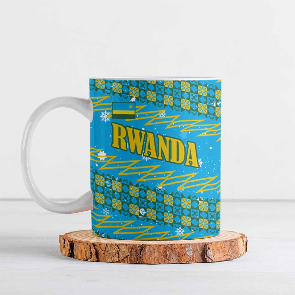 Rwanda Christmas Ceramic Mug with Blue-Yellow Pattern, Festive Geometric Motifs, and Bold Typography - Wonder Print Shop