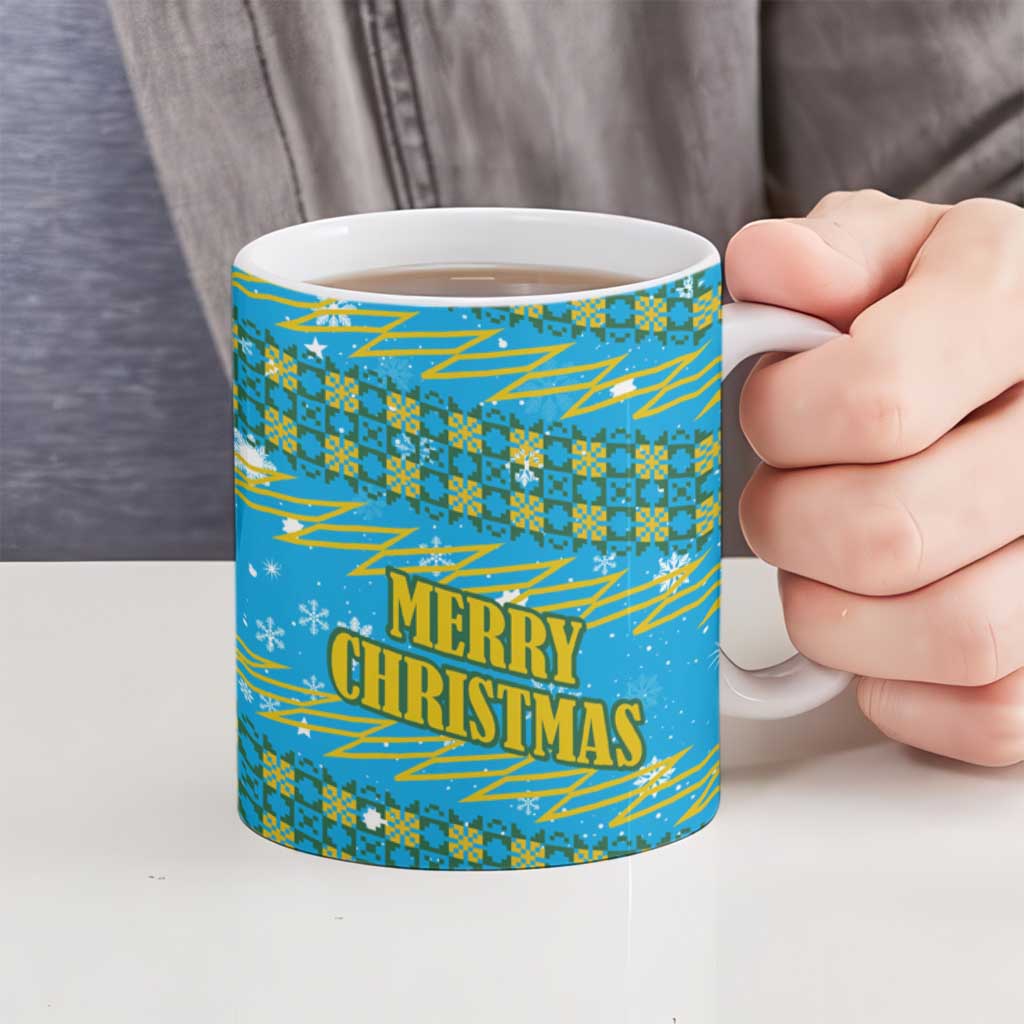 Rwanda Christmas Ceramic Mug with Blue-Yellow Pattern, Festive Geometric Motifs, and Bold Typography - Wonder Print Shop