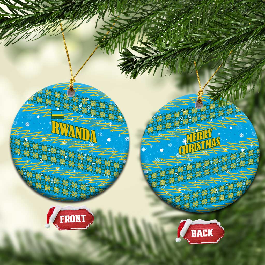 Rwanda Christmas Ceramic Ornament with Blue-Yellow Pattern, Festive Geometric Motifs, and Bold Typography - Wonder Print Shop
