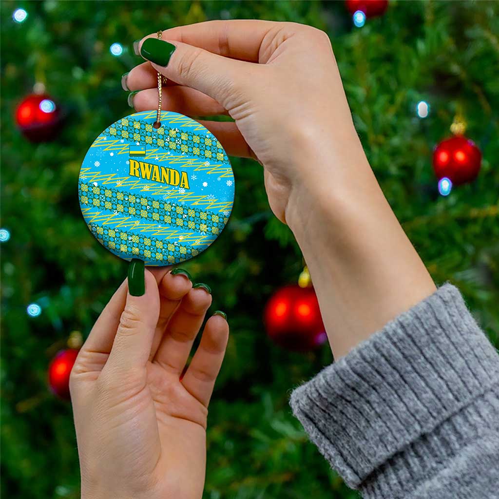 Rwanda Christmas Ceramic Ornament with Blue-Yellow Pattern, Festive Geometric Motifs, and Bold Typography - Wonder Print Shop
