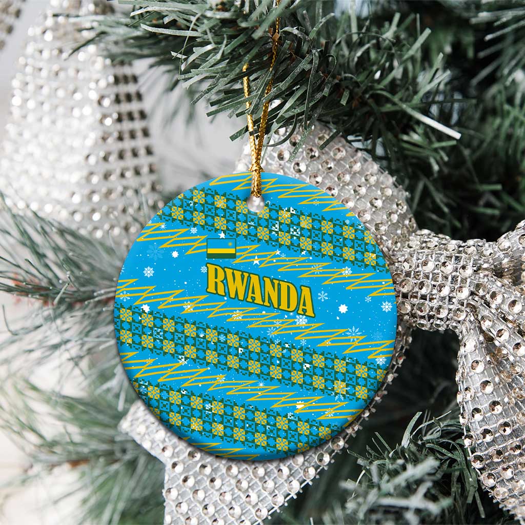 Rwanda Christmas Ceramic Ornament with Blue-Yellow Pattern, Festive Geometric Motifs, and Bold Typography - Wonder Print Shop