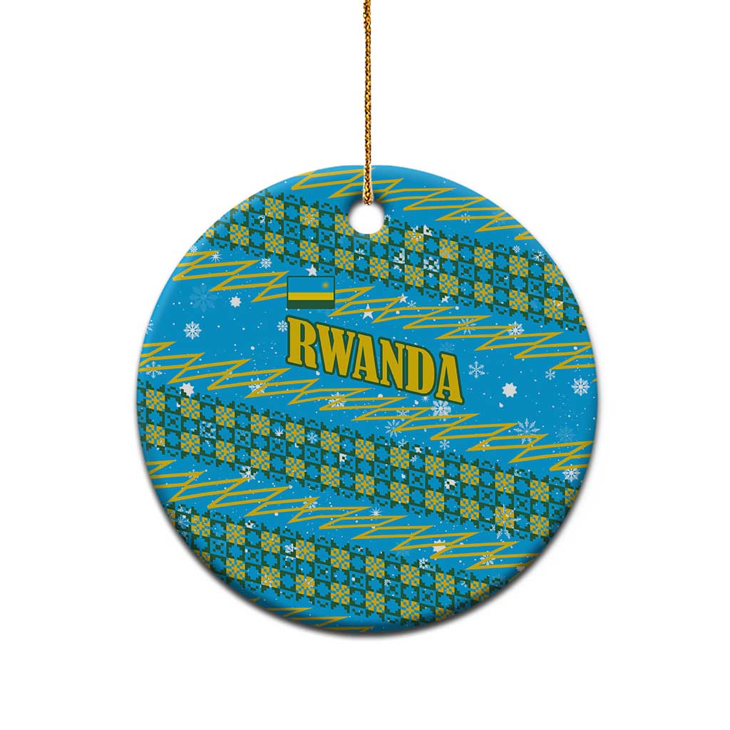 Rwanda Christmas Ceramic Ornament with Blue-Yellow Pattern, Festive Geometric Motifs, and Bold Typography - Wonder Print Shop