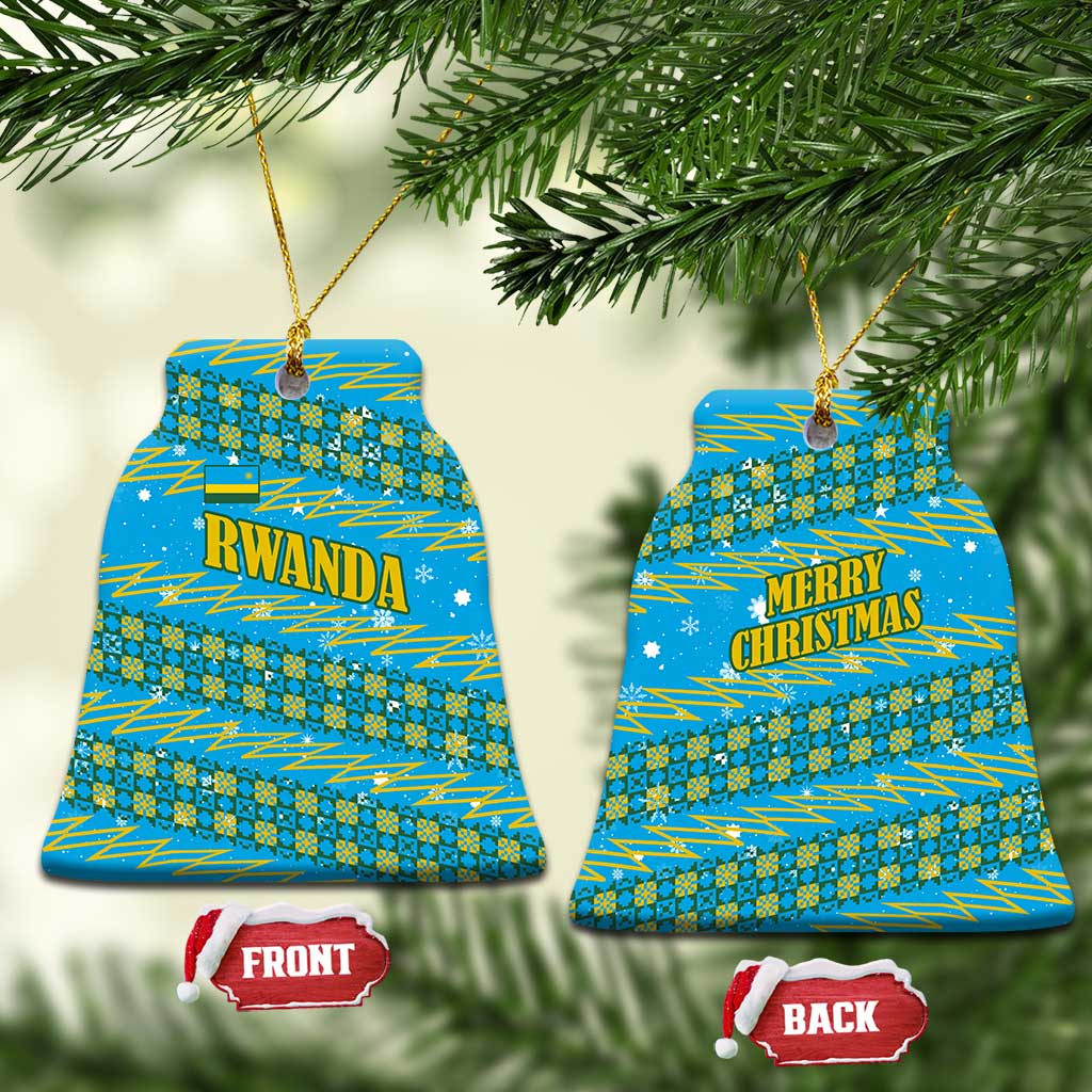 Rwanda Christmas Ceramic Ornament with Blue-Yellow Pattern, Festive Geometric Motifs, and Bold Typography - Wonder Print Shop