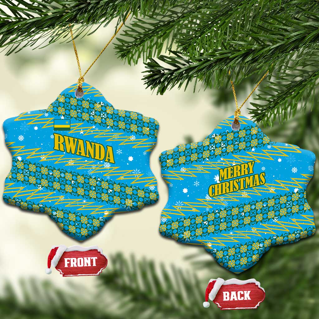 Rwanda Christmas Ceramic Ornament with Blue-Yellow Pattern, Festive Geometric Motifs, and Bold Typography - Wonder Print Shop