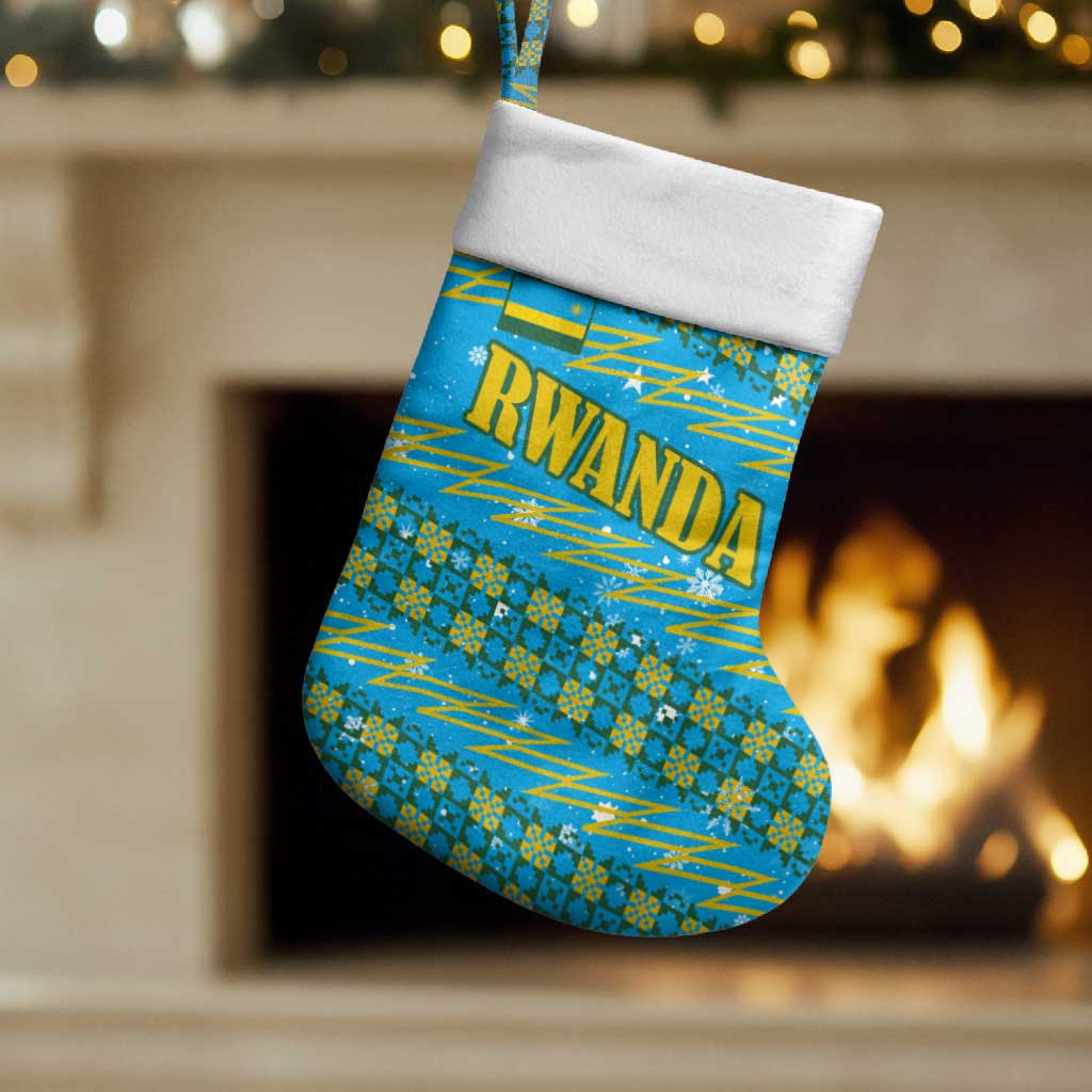 Rwanda Christmas Stocking with Blue-Yellow Pattern, Festive Geometric Motifs, and Bold Typography - Wonder Print Shop