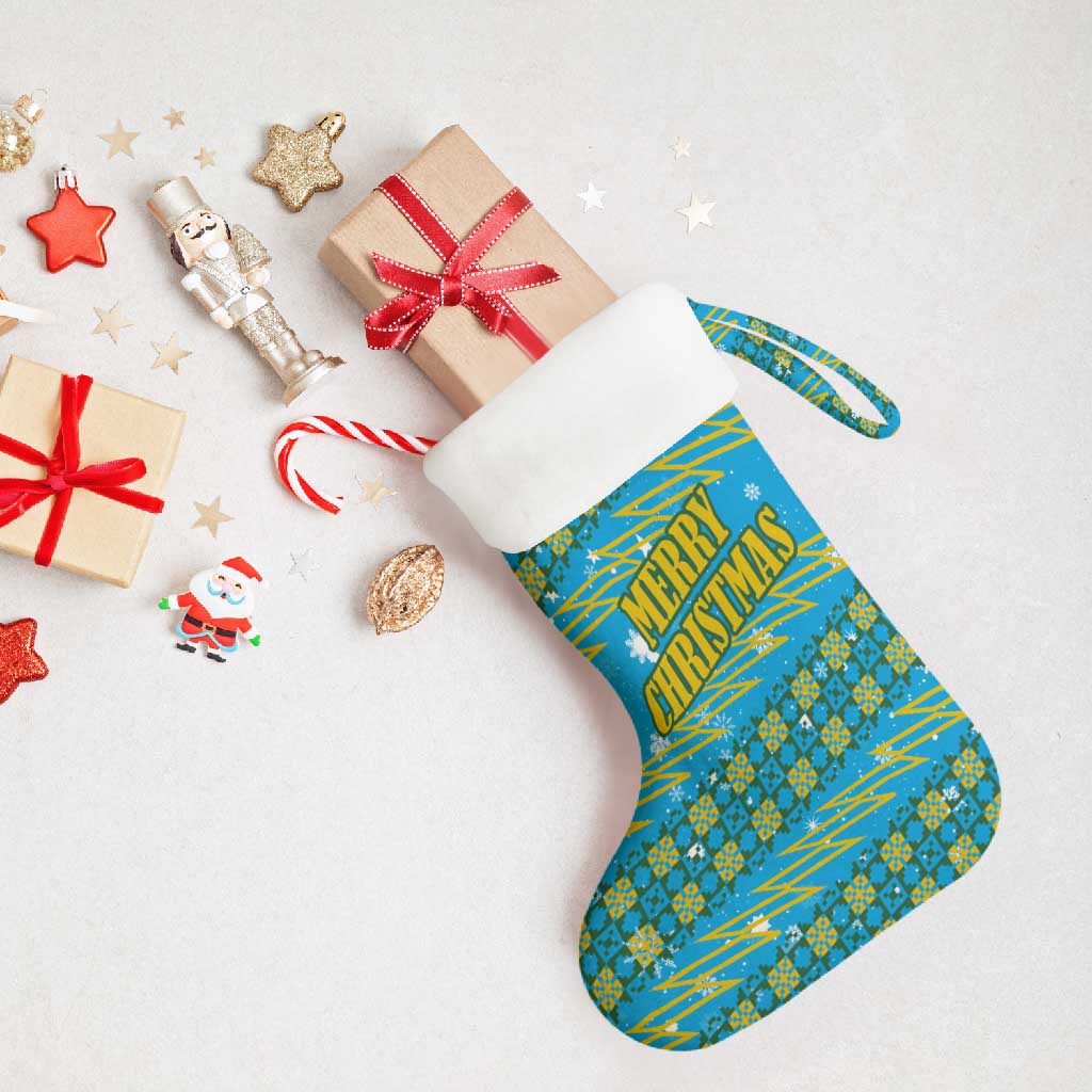Rwanda Christmas Stocking with Blue-Yellow Pattern, Festive Geometric Motifs, and Bold Typography - Wonder Print Shop