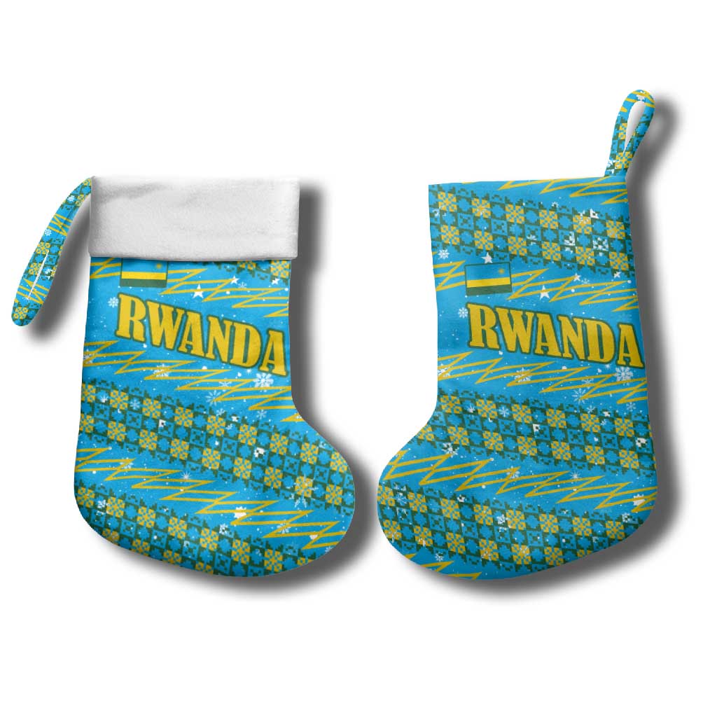 Rwanda Christmas Stocking with Blue-Yellow Pattern, Festive Geometric Motifs, and Bold Typography - Wonder Print Shop
