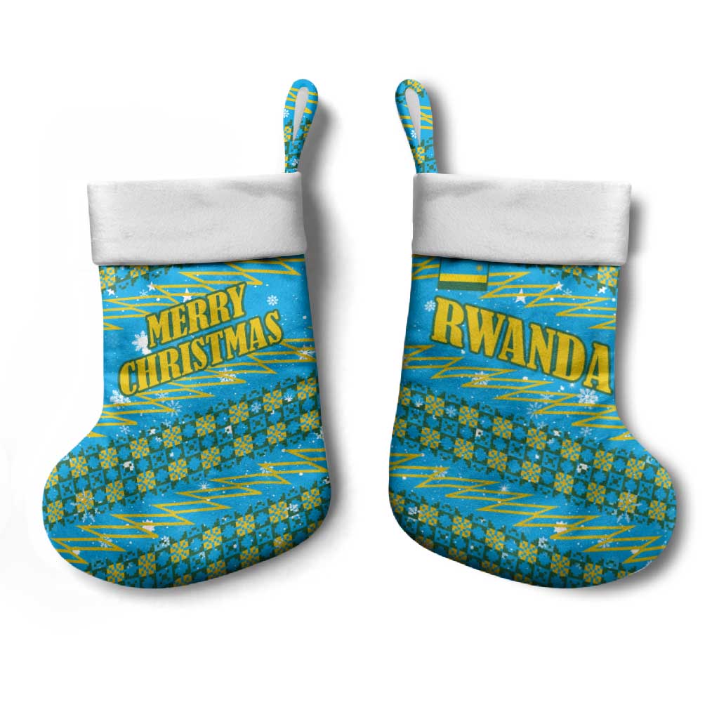 Rwanda Christmas Stocking with Blue-Yellow Pattern, Festive Geometric Motifs, and Bold Typography - Wonder Print Shop