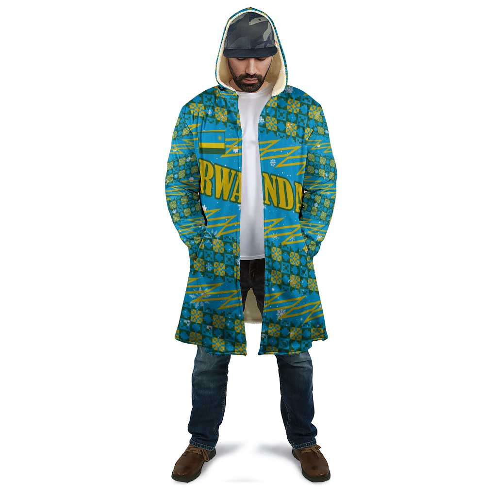 Rwanda Christmas Cloak with Blue-Yellow Pattern, Festive Geometric Motifs, and Bold Typography - Wonder Print Shop