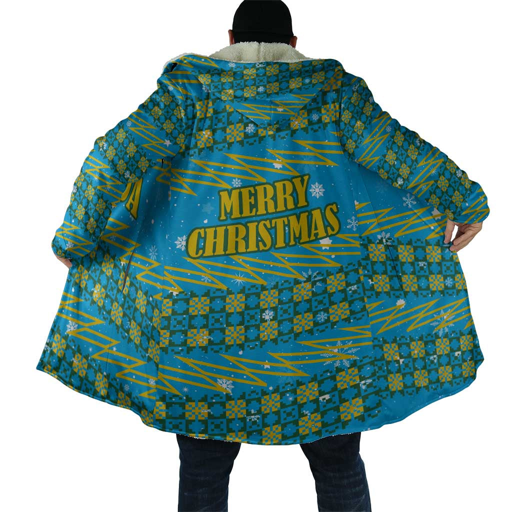 Rwanda Christmas Cloak with Blue-Yellow Pattern, Festive Geometric Motifs, and Bold Typography - Wonder Print Shop