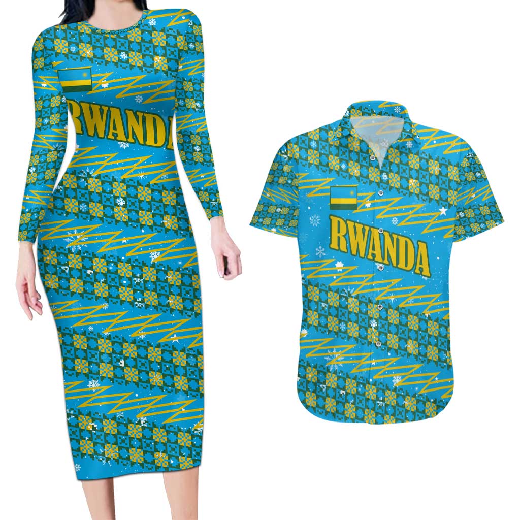 Rwanda Christmas Couples Matching Long Sleeve Bodycon Dress and Hawaiian Shirt with Blue-Yellow Pattern, Festive Geometric Motifs, and Bold Typography - Wonder Print Shop