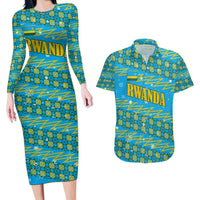 Rwanda Christmas Couples Matching Long Sleeve Bodycon Dress and Hawaiian Shirt with Blue-Yellow Pattern, Festive Geometric Motifs, and Bold Typography - Wonder Print Shop