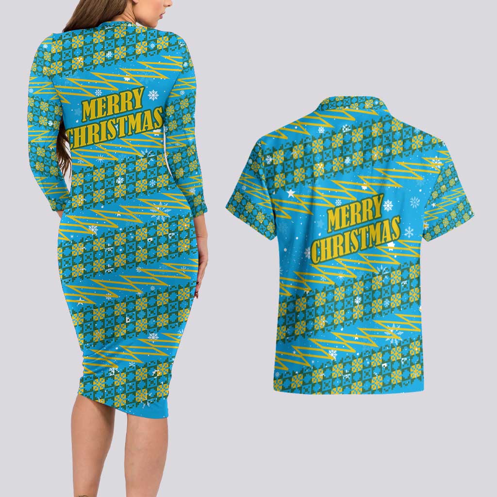 Rwanda Christmas Couples Matching Long Sleeve Bodycon Dress and Hawaiian Shirt with Blue-Yellow Pattern, Festive Geometric Motifs, and Bold Typography - Wonder Print Shop