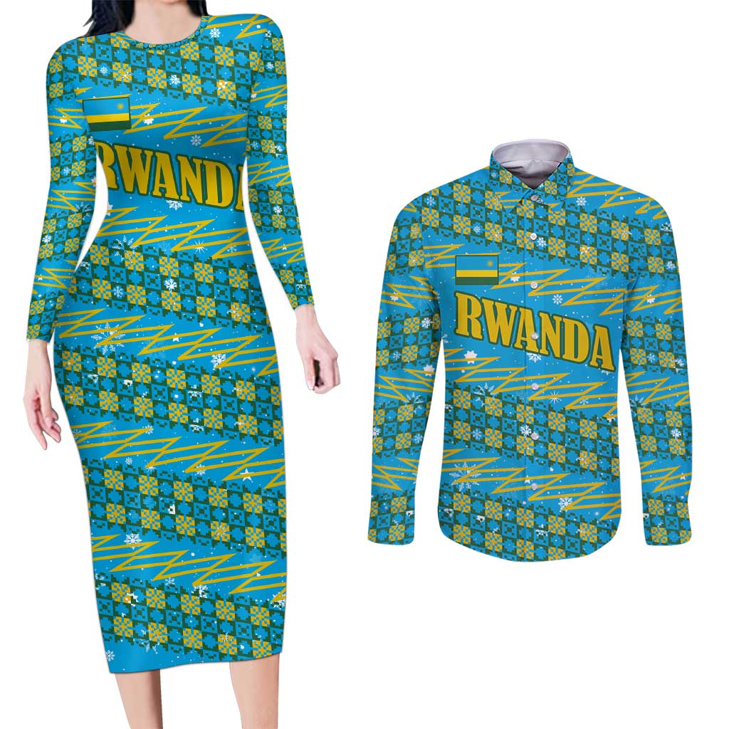 Rwanda Christmas Couples Matching Long Sleeve Bodycon Dress and Long Sleeve Button Shirt with Blue-Yellow Pattern, Festive Geometric Motifs, and Bold Typography - Wonder Print Shop