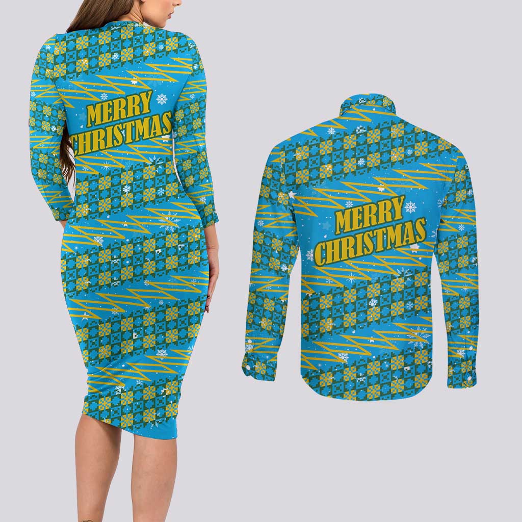 Rwanda Christmas Couples Matching Long Sleeve Bodycon Dress and Long Sleeve Button Shirt with Blue-Yellow Pattern, Festive Geometric Motifs, and Bold Typography - Wonder Print Shop