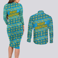 Rwanda Christmas Couples Matching Long Sleeve Bodycon Dress and Long Sleeve Button Shirt with Blue-Yellow Pattern, Festive Geometric Motifs, and Bold Typography - Wonder Print Shop